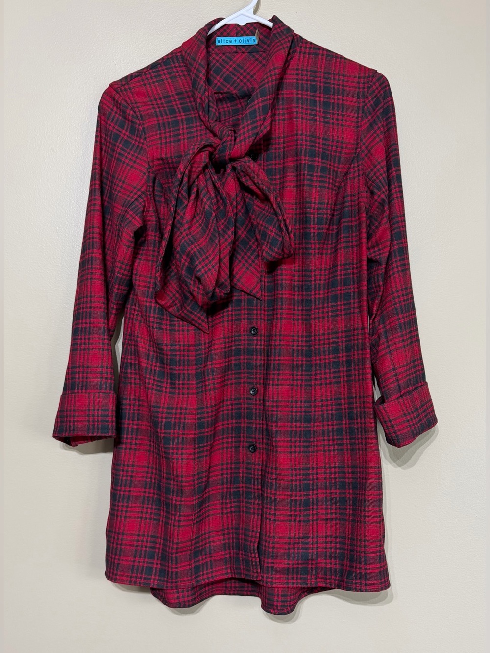 Alice + Olivia Tartan Plaid Tie Neck Tunic Button Down Blouse